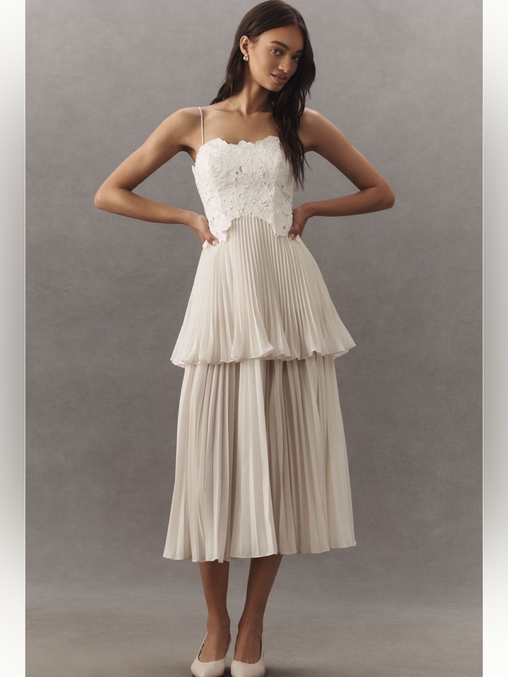 AMUR Esme Laser-Cut Floral Tiered Midi Dress